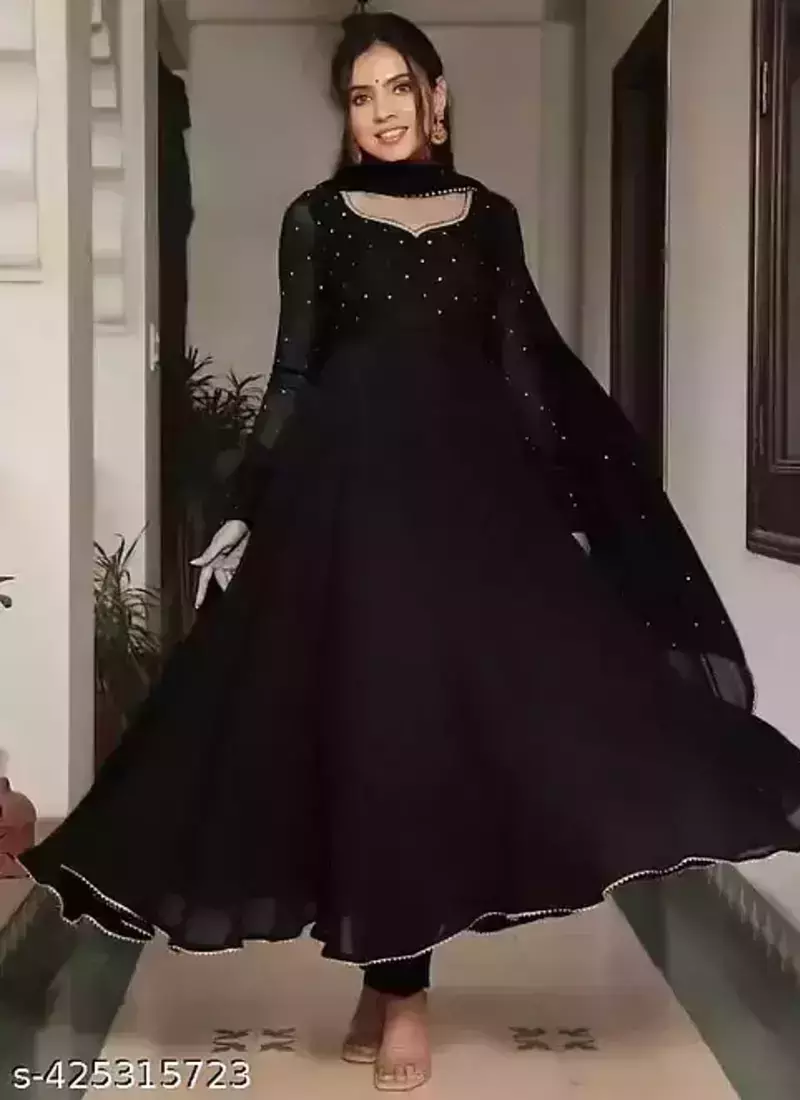Black stone work full flared anarkali with dupatta