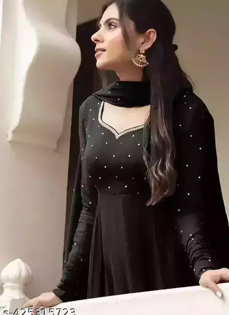 Black stone work full flared anarkali with dupatta