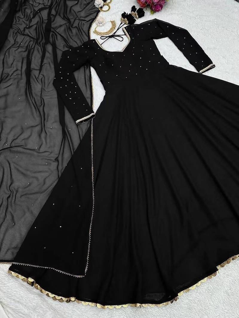 Black stone work full flared anarkali with dupatta