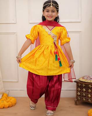 Yellow woven lurex silk top with afgani salwar and dupatta set for girls 1