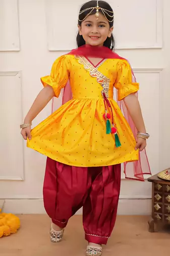 Yellow woven lurex silk top with afgani salwar and dupatta set for girls