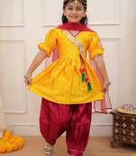 Yellow woven lurex silk top with afgani salwar and dupatta set for girls