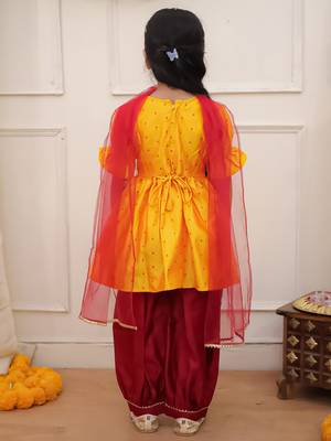 Yellow woven lurex silk top with afgani salwar and dupatta set for girls 2
