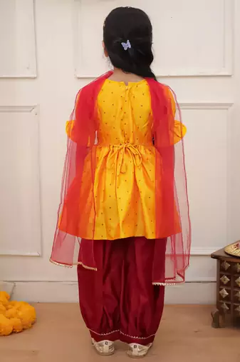 Yellow woven lurex silk top with afgani salwar and dupatta set for girls