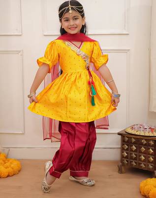 Yellow woven lurex silk top with afgani salwar and dupatta set for girls 3