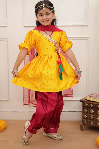 Yellow woven lurex silk top with afgani salwar and dupatta set for girls
