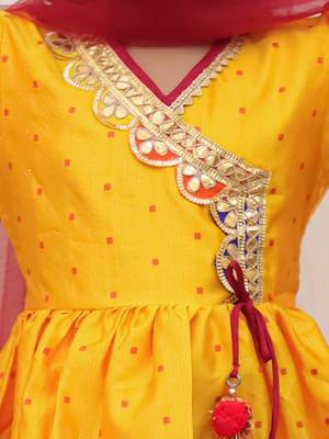 Yellow woven lurex silk top with afgani salwar and dupatta set for girls 4