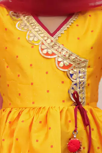 Yellow woven lurex silk top with afgani salwar and dupatta set for girls