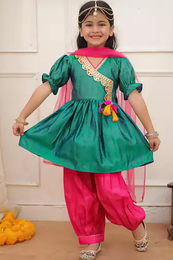 Green woven lurex silk top with afgani salwar and dupatta set for girls