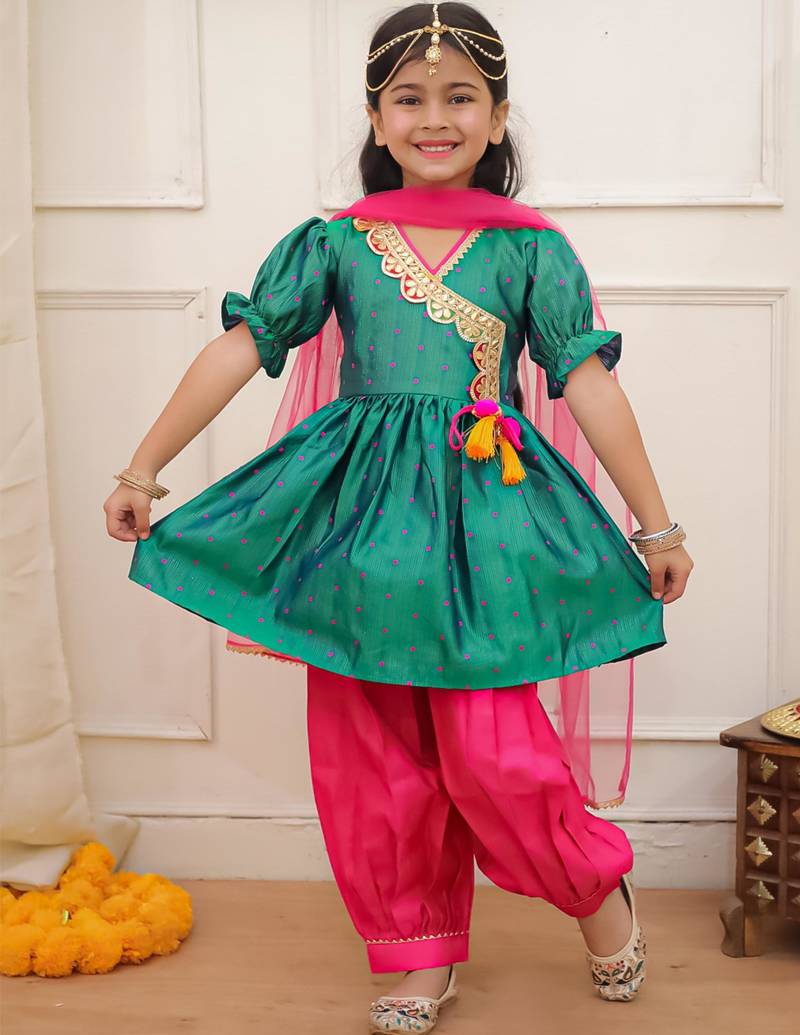 Green woven lurex silk top with afgani salwar and dupatta set for girls