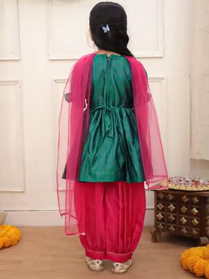 Green woven lurex silk top with afgani salwar and dupatta set for girls 2