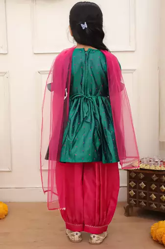 Green woven lurex silk top with afgani salwar and dupatta set for girls