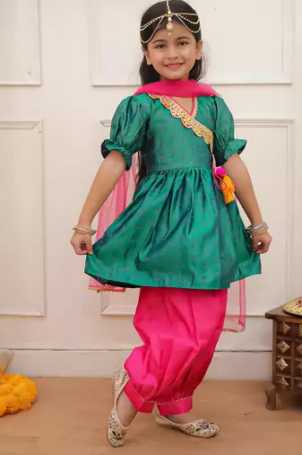 Green woven lurex silk top with afgani salwar and dupatta set for girls