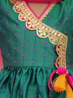 Green woven lurex silk top with afgani salwar and dupatta set for girls 4