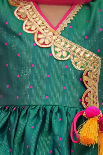 Green woven lurex silk top with afgani salwar and dupatta set for girls
