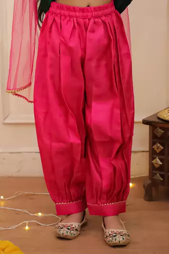 Green woven lurex silk top with afgani salwar and dupatta set for girls
