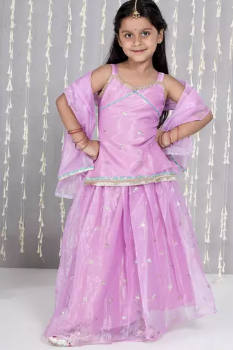 Purple embroidered twill net lehenga choli set for girls