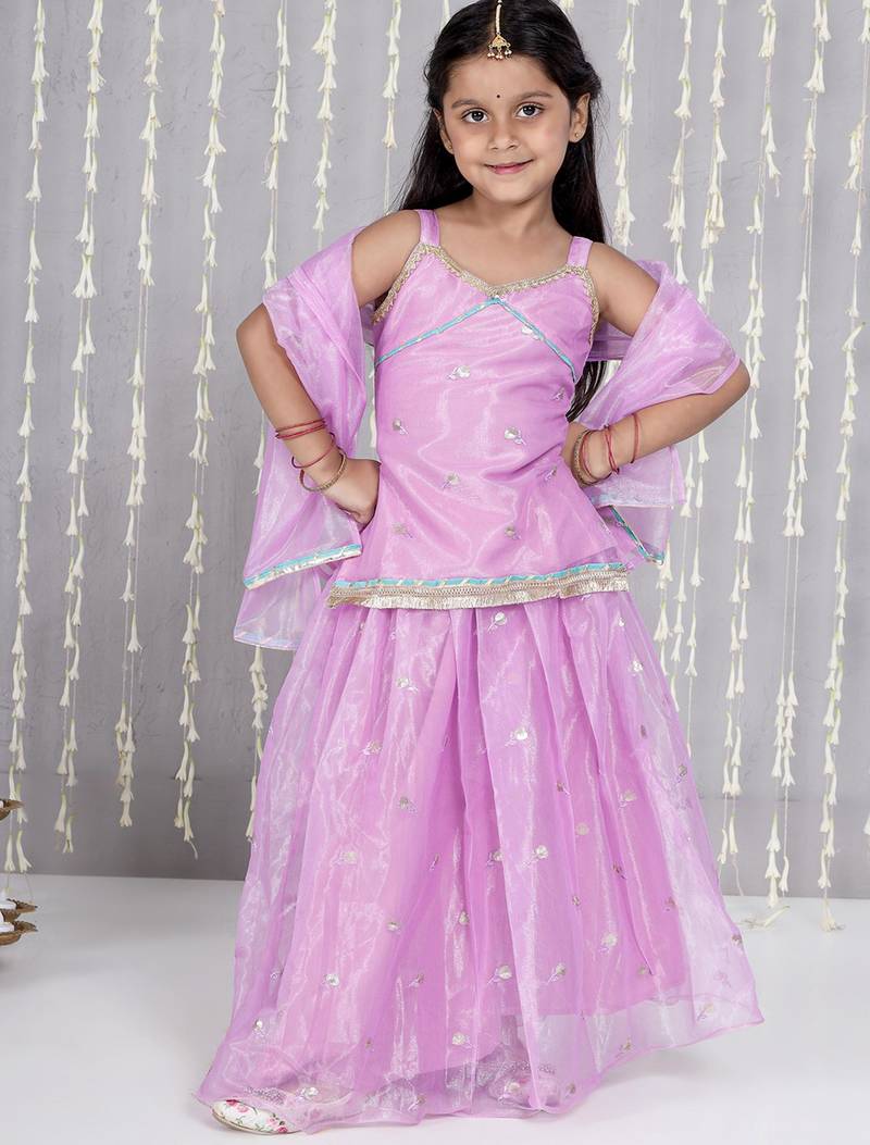 Purple embroidered twill net lehenga choli set for girls