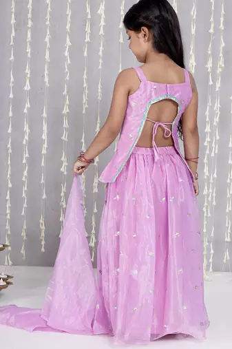 Purple embroidered twill net lehenga choli set for girls