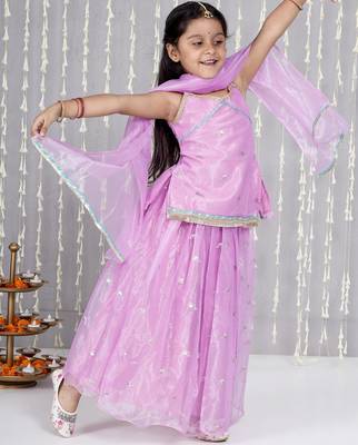 Purple embroidered twill net lehenga choli set for girls 3