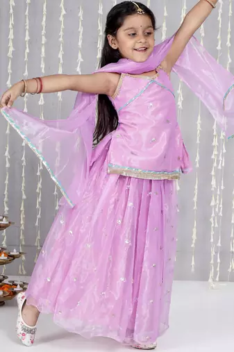 Purple embroidered twill net lehenga choli set for girls