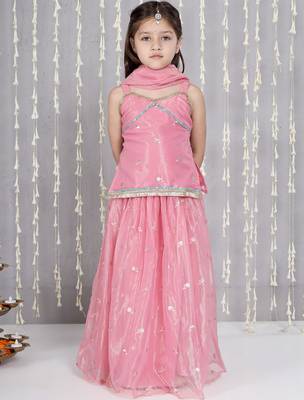 Pink embroidered twill net lehenga choli set for girls 1