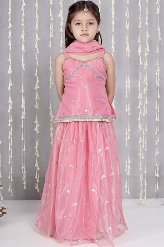Pink embroidered twill net lehenga choli set for girls