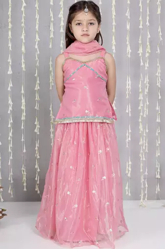 Pink embroidered twill net lehenga choli set for girls