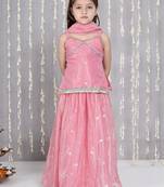 Pink embroidered twill net lehenga choli set for girls