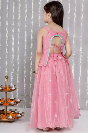 Pink embroidered twill net lehenga choli set for girls