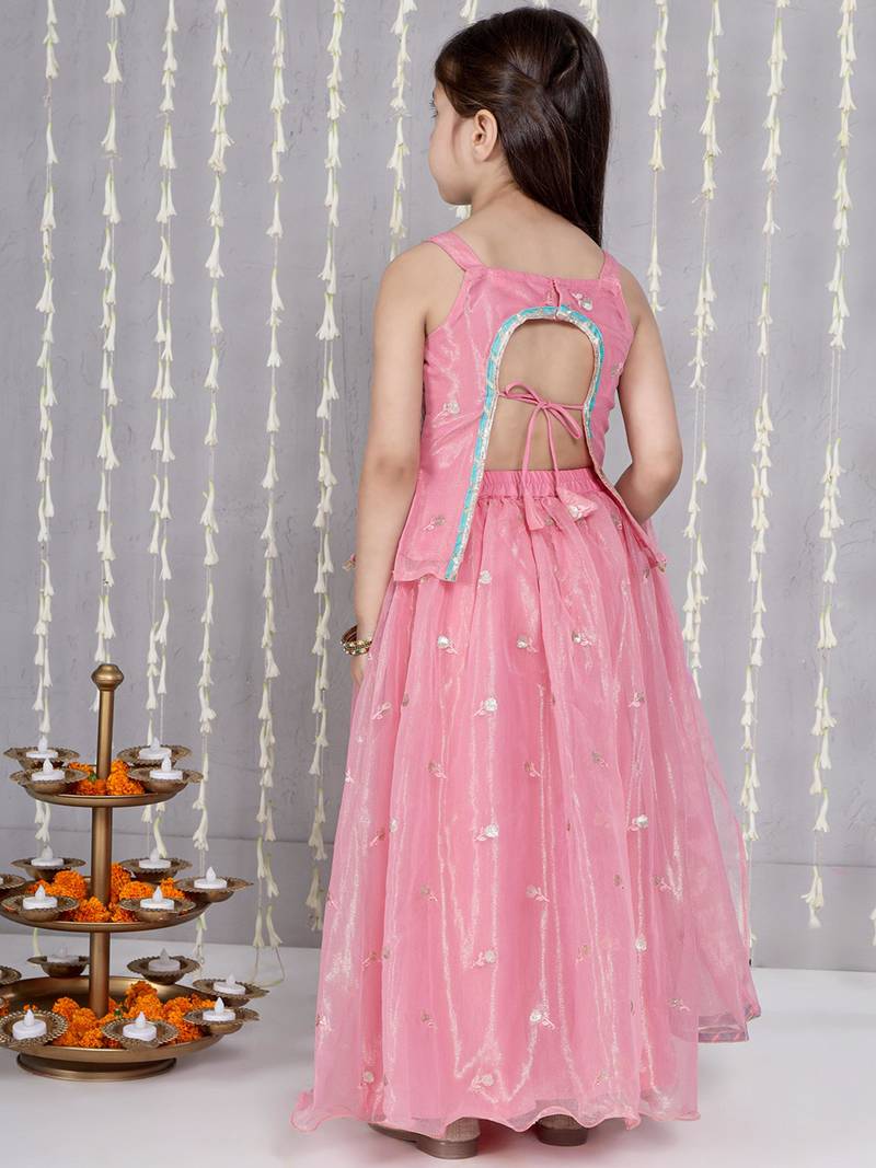 Pink embroidered twill net lehenga choli set for girls