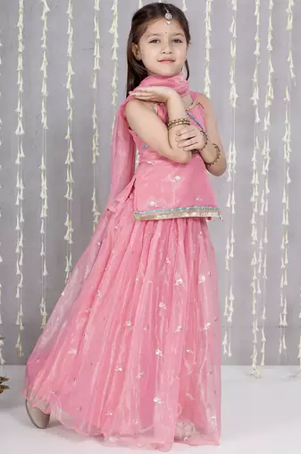 Pink embroidered twill net lehenga choli set for girls