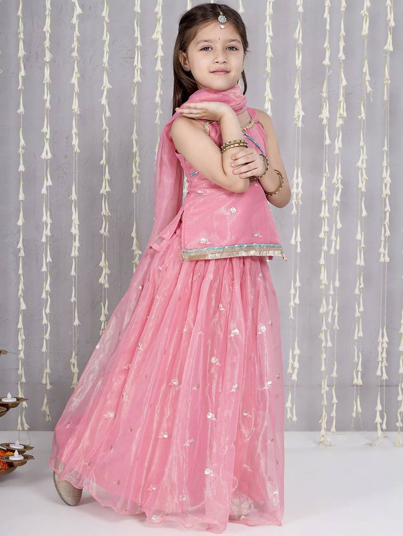 Pink embroidered twill net lehenga choli set for girls