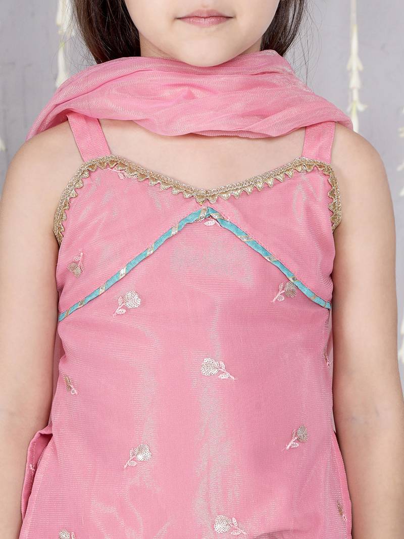 Pink embroidered twill net lehenga choli set for girls