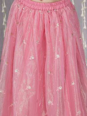 Pink embroidered twill net lehenga choli set for girls 5