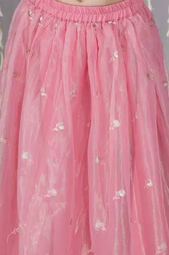 Pink embroidered twill net lehenga choli set for girls