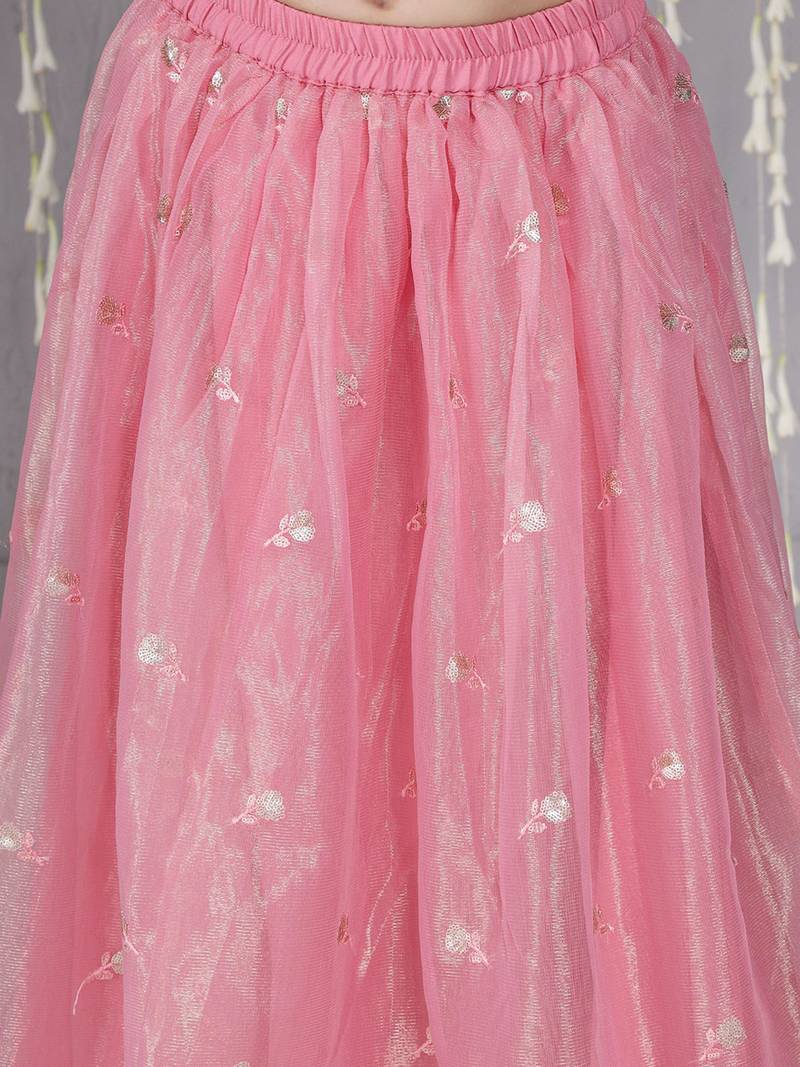 Pink embroidered twill net lehenga choli set for girls