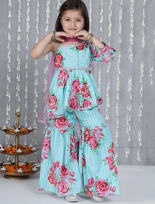 Turquoise printed cotton sharara set with dupatta set for girls 1