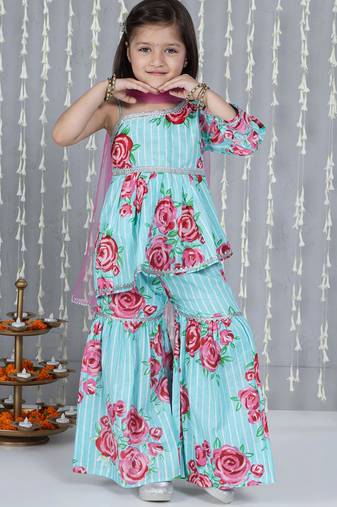 Turquoise printed cotton sharara set with dupatta set for girls