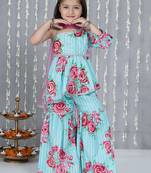 Turquoise printed cotton sharara set with dupatta set for girls