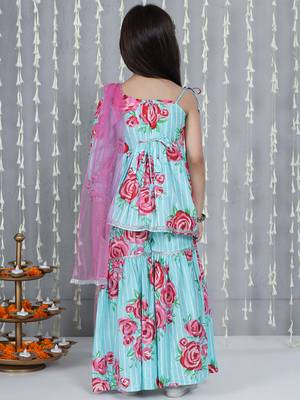 Turquoise printed cotton sharara set with dupatta set for girls 2