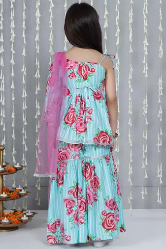 Turquoise printed cotton sharara set with dupatta set for girls