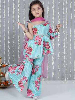 Turquoise printed cotton sharara set with dupatta set for girls 3