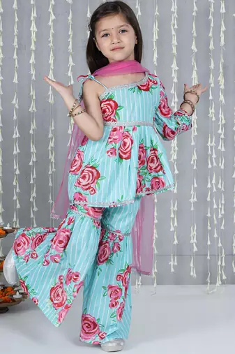 Turquoise printed cotton sharara set with dupatta set for girls