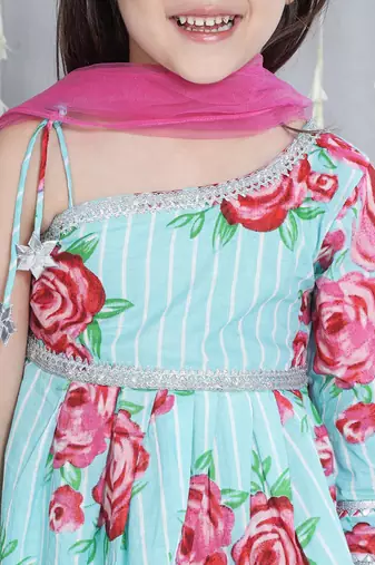 Turquoise printed cotton sharara set with dupatta set for girls