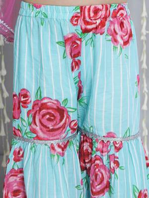 Turquoise printed cotton sharara set with dupatta set for girls 5