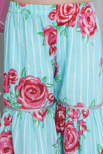 Turquoise printed cotton sharara set with dupatta set for girls