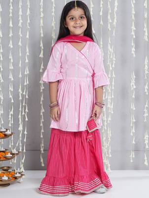 Pink woven lurex cotton  kurti and sharara with dupatta set for girls 1