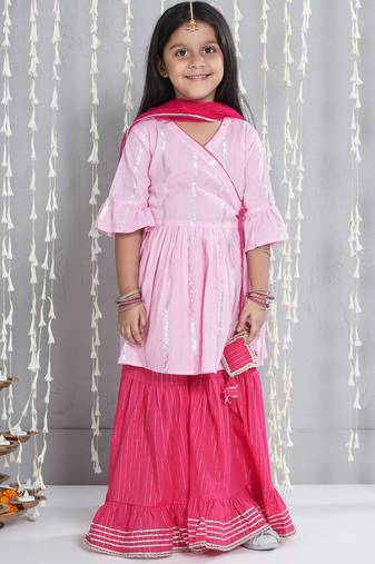 Pink woven lurex cotton  kurti and sharara with dupatta set for girls
