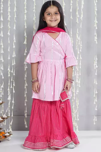 Pink woven lurex cotton  kurti and sharara with dupatta set for girls